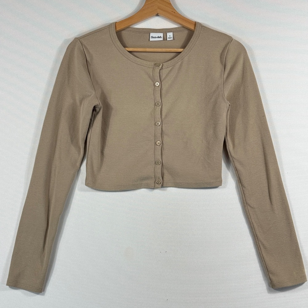 Sun-deh Aritzia Cropped Cardigan Women Small Tan Long Sleeve Soft Girl Capsule